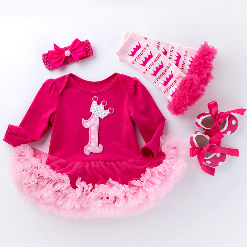 Infant Long Sleeve Cartoon Jumpsuit Baby Holiday Rose Pink Yarn Dress New Children's Romper Dress Wholesale