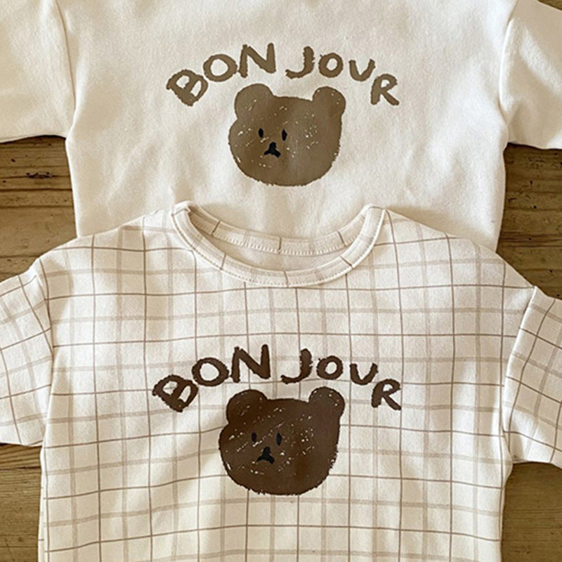 Boys And Girls Bear Top Plaid Loose Baby Long-sleeved T-shirt