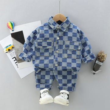 Plaid Double Pocket Lapel Long-sleeved Trousers Overalls Children's Suit