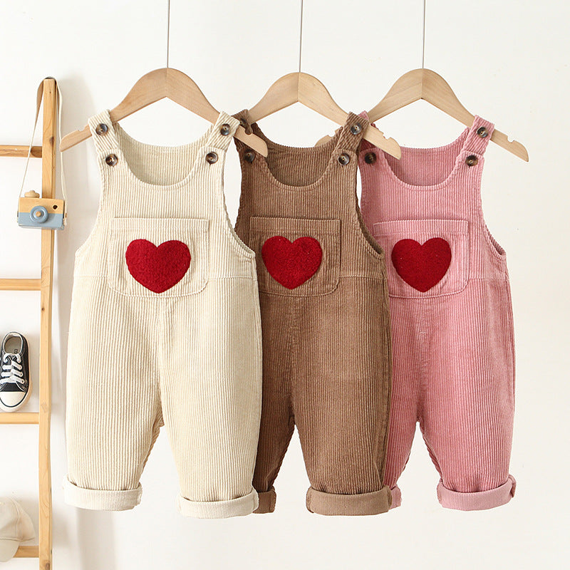 Suspender Pants Boys And Girls Corduroy Love Embroidered Jumpsuit