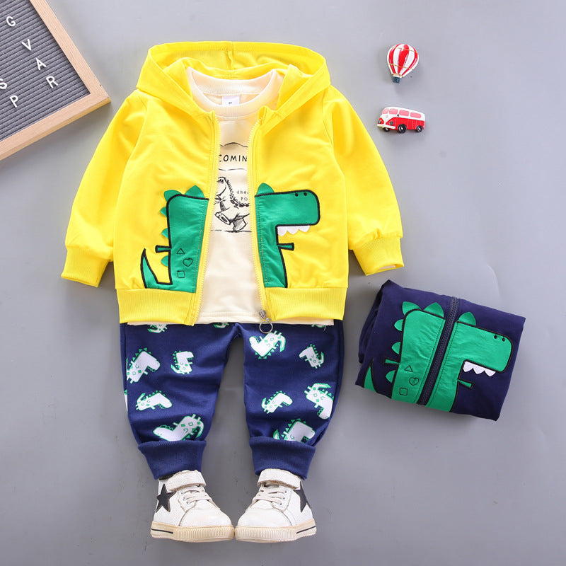 Boys' Cartoon Dinosaur Zipper Cardigan Three-piece Set