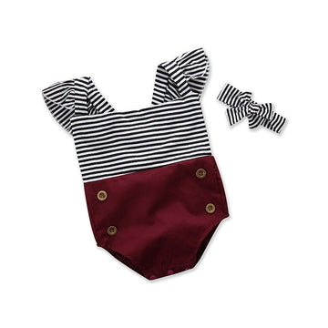 Girls Flying Sleeve Striped Romper + Headband Set