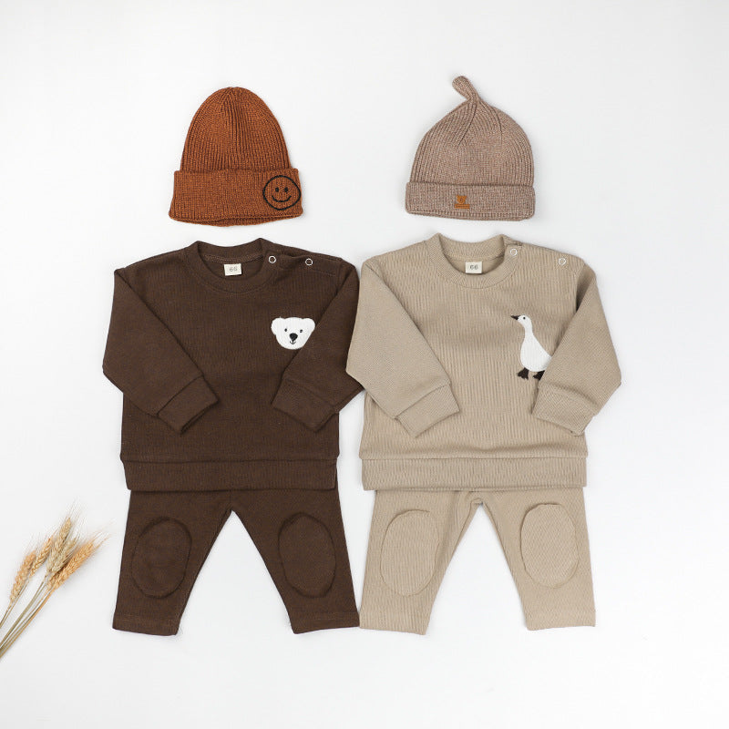 Rice Wool Material Bear Goose Embroidered Baby Two-piece Set