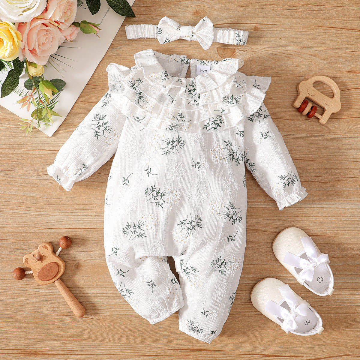 Girls' Small Floral Lotus Collar Long-sleeved Jumpsuit Plus Headscarf