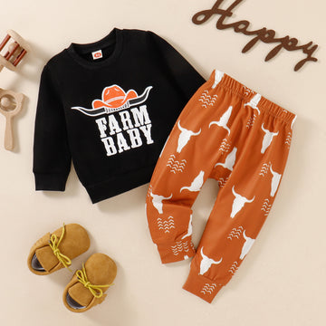 Children's Autumn Cow Head Letter Print Pullover Sweater And Trousers Suit