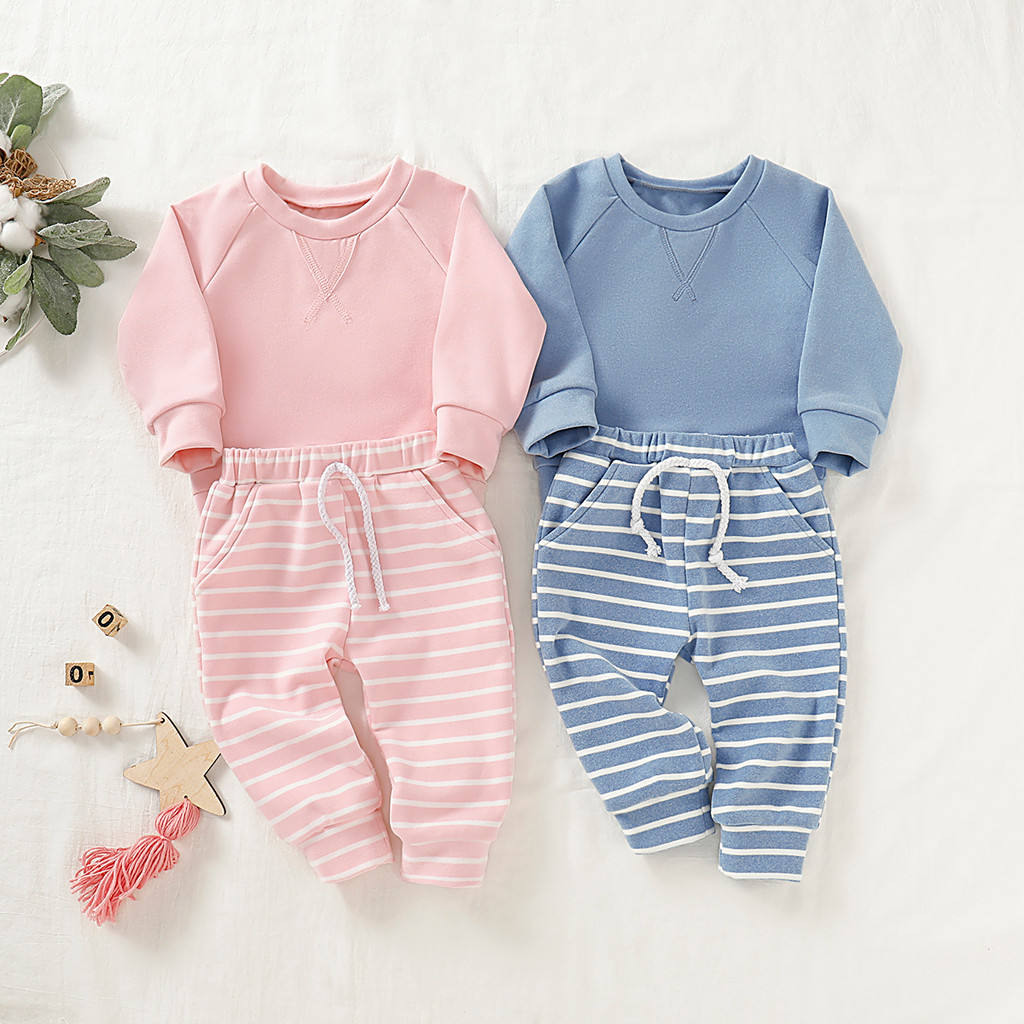 Toddler Boys And Girls Clothes Set Sweatshirt Tops Long Striped Pants Pajamas outfit 3-18 Months