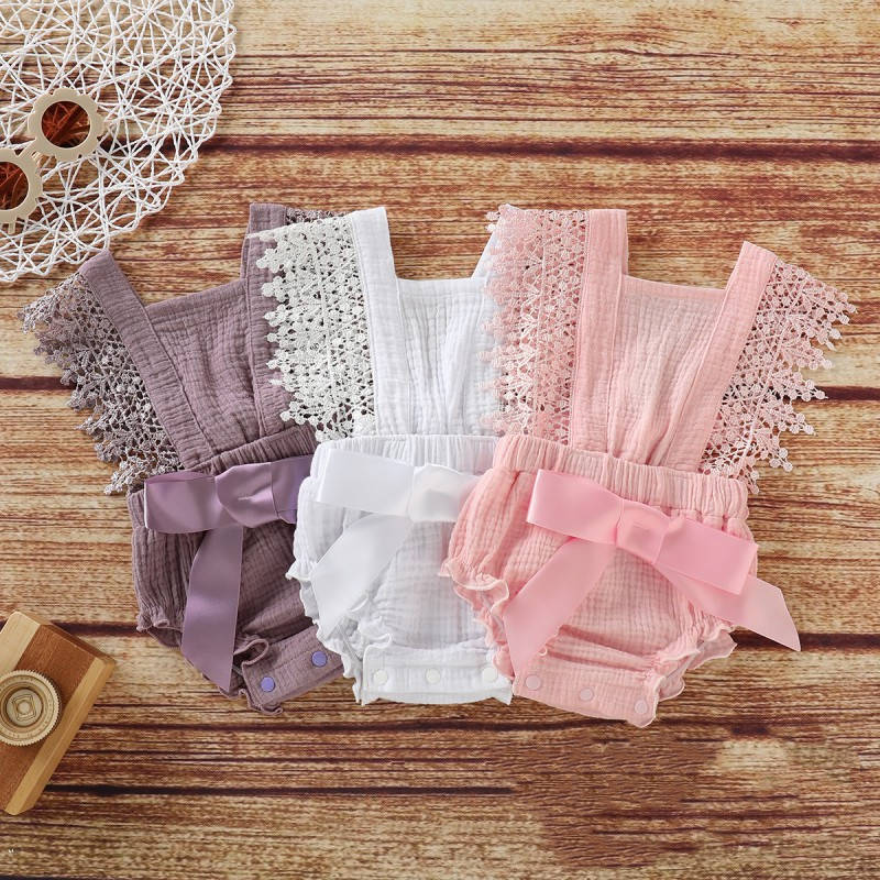 European And American Cute And Popular Baby Romper Lace Cotton And Linen Bow Romper