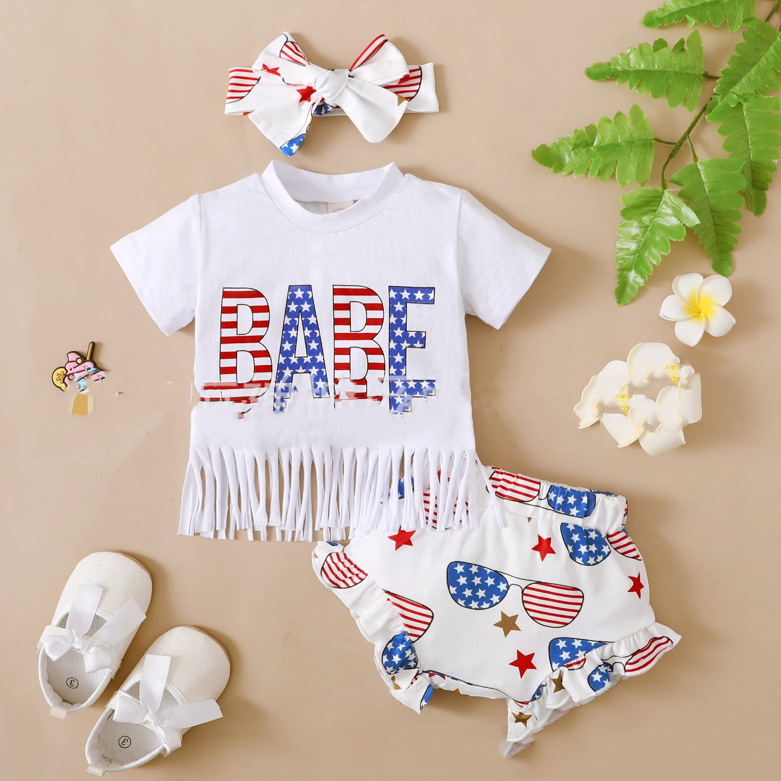 Fashion Printed Tassel Top Shorts Children's Suit