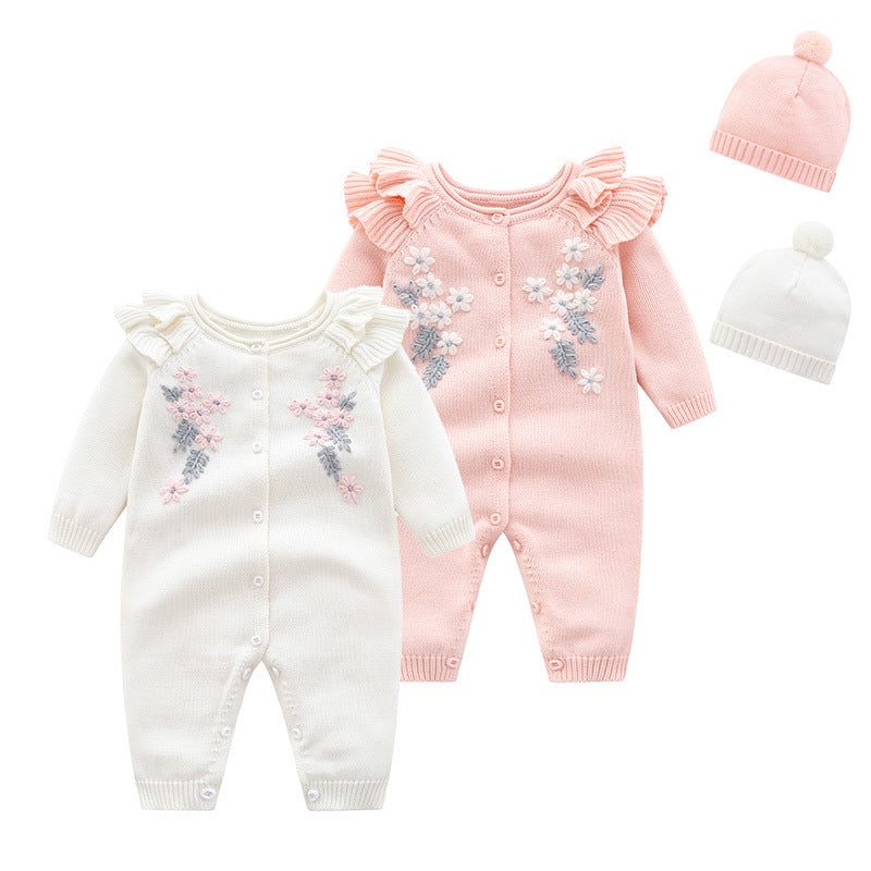 Baby Girl Princess Embroidered Flower Knit Romper Long Sleeve Onesie Jumpsuit