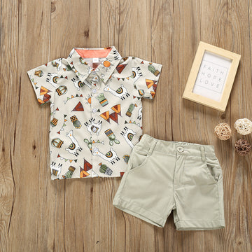 Summer Short-sleeved Cartoon Shirt And Shorts Two-piece Children's Suit