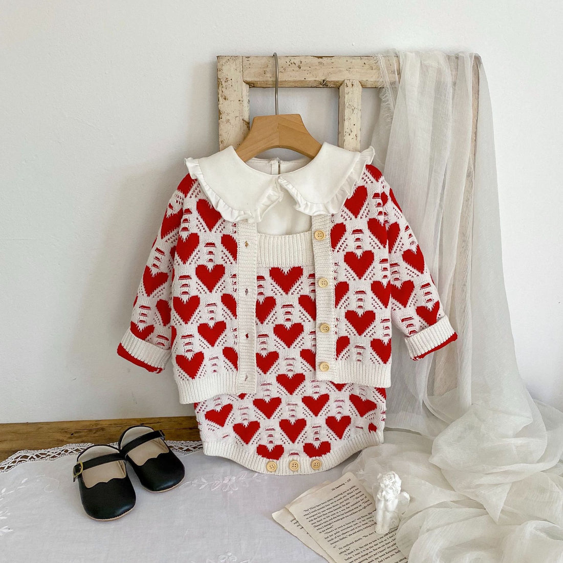 Baby Girl And Baby Knitted Love Jacquard Sweater Coat Shoulder Strap Romper 2 Piece Suit