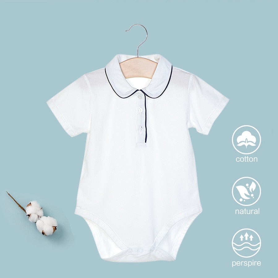 Baby's White Lapel Short Sleeve Fart Coverall