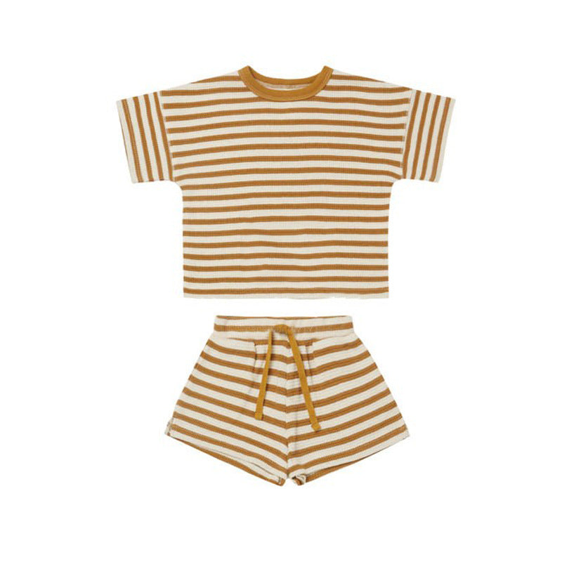 Baby Girl Short Sleeve Shorts Waffle Crew Neck Striped Two Piece Set