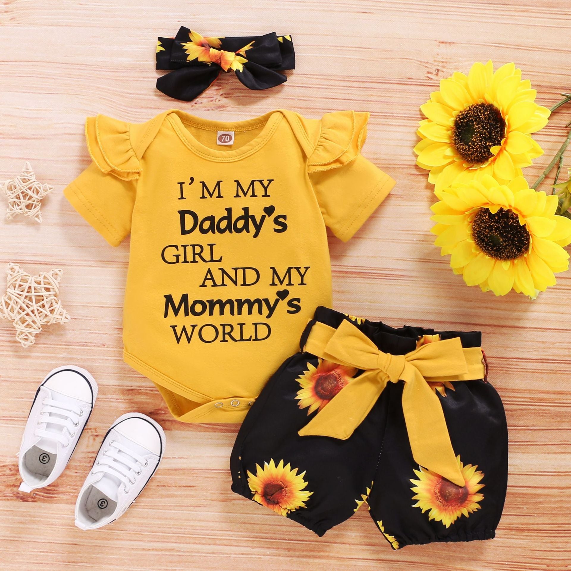 Cute Baby Short Sleeve Letter Jacket Sunflower Shorts Three-piece Set