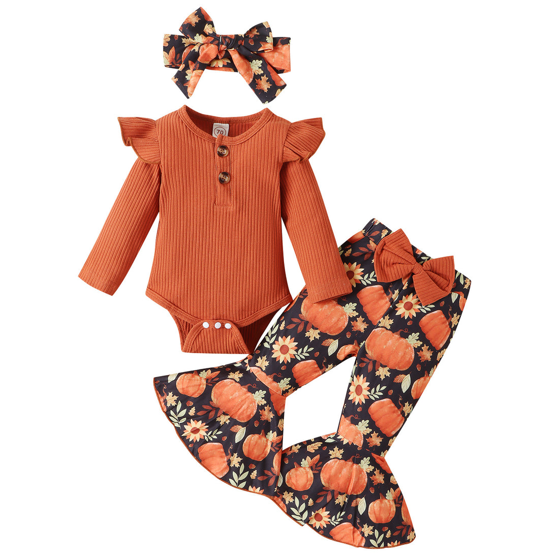 Halloween Autumn And Winter Infant Long-sleeve Jumpsuit Pumpkin Print Flared Pants Hair Band Girls' Suit