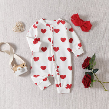 Infants And Toddlers One-piece Climbing Suit Valentine's Day Love Printed Clothes Headband Two-piece Set