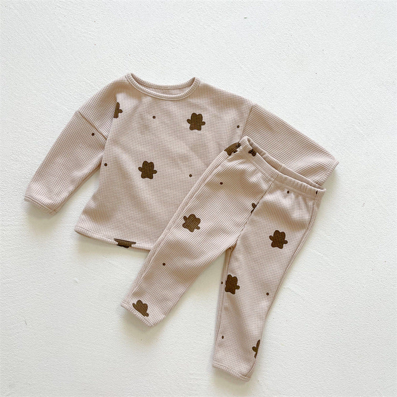 Boys And Girls Baby Bear Print Suit Round Neck Long Sleeve