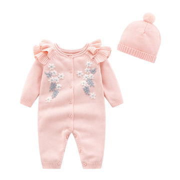 Baby Girl Princess Embroidered Flower Knit Romper Long Sleeve Onesie Jumpsuit