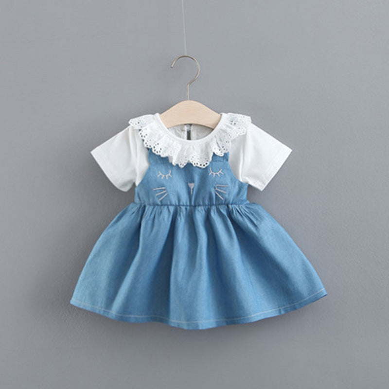 Summer Children Shirt New Solid Color Rabbit Ears Denim Fake Two-piece Skirt Female Children Children's Clothing