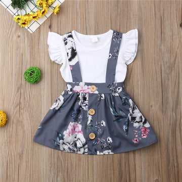 Summer Girls' Solid Color Flounced Sleeve Romper Floral Suspender Skirt Two-piece Set