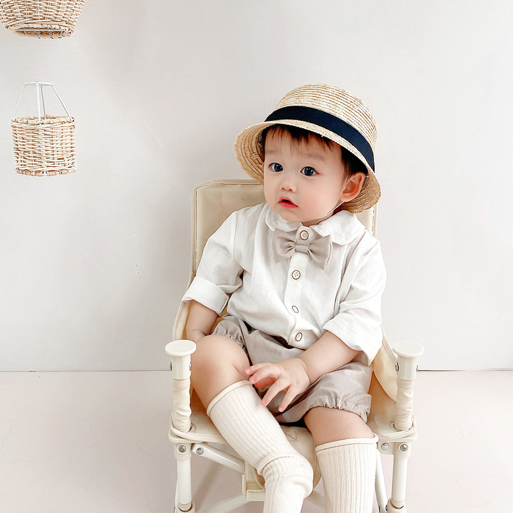 Baby Boy Autumn Clothes Suit 0-3 Years Old Baby Solid Color Long-sleeved Shirt Shorts Two-piece Set One Year Old Celebration Dress
